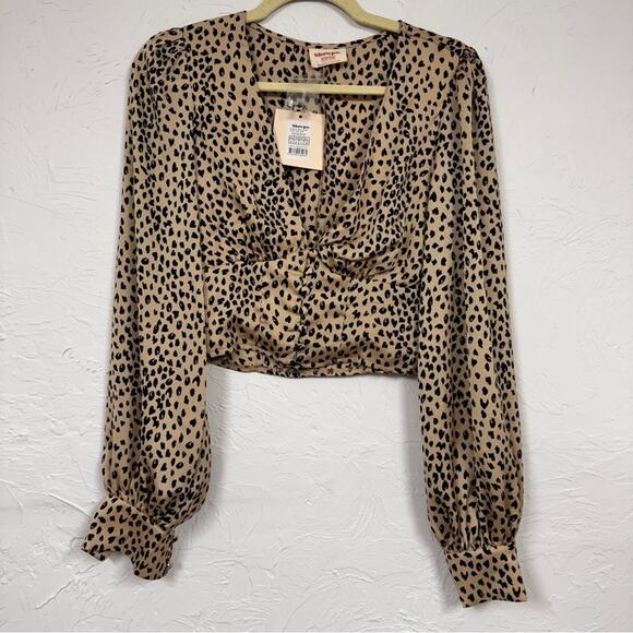 Showpo Tan Animal Print Crop Top Blouse Womens 4 Ballon Sleeve Girly Coquette - Picture 1 of 9